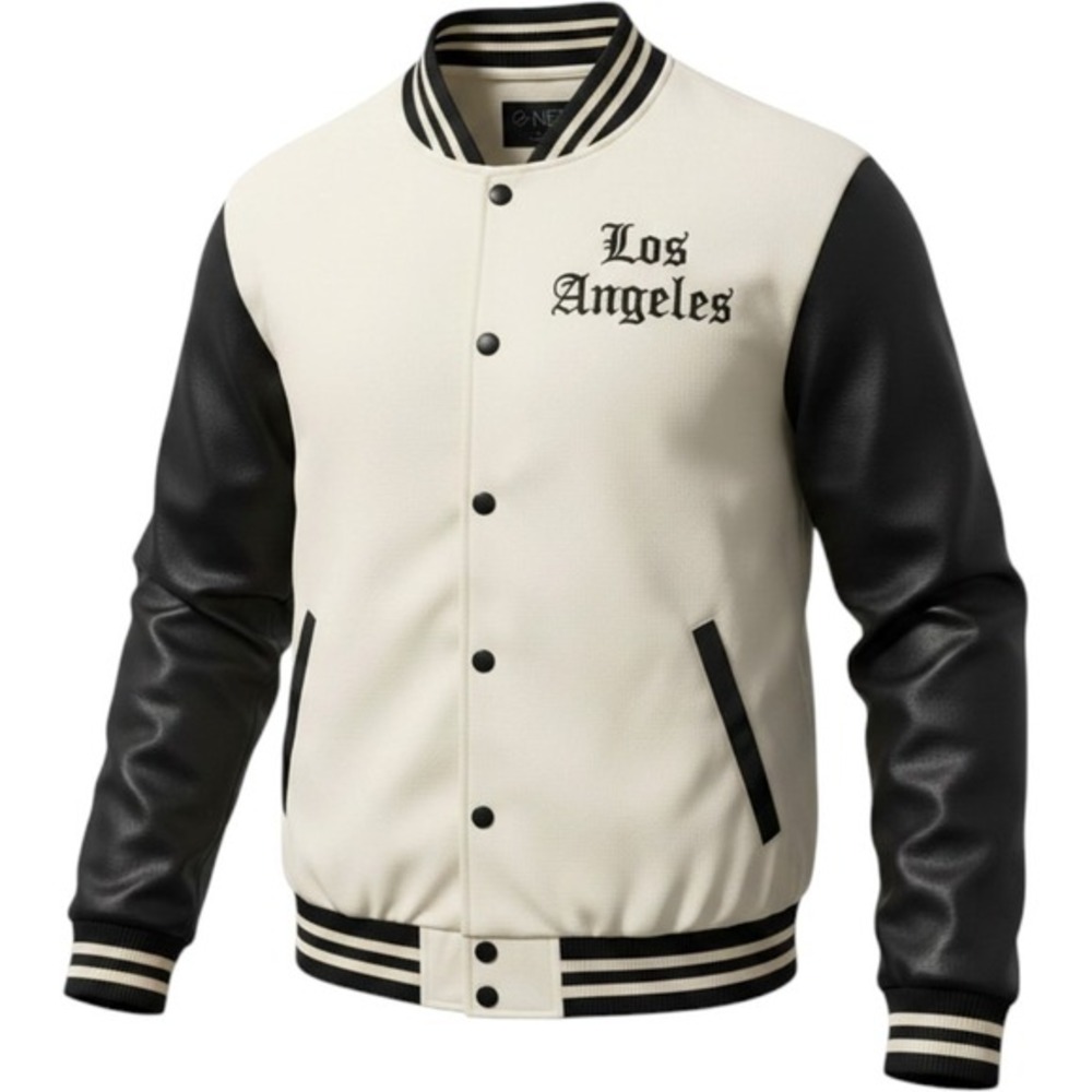 G-NET Varsity Jacket Faux Leather Los Angeles LA California Mens L Black‎ Cream